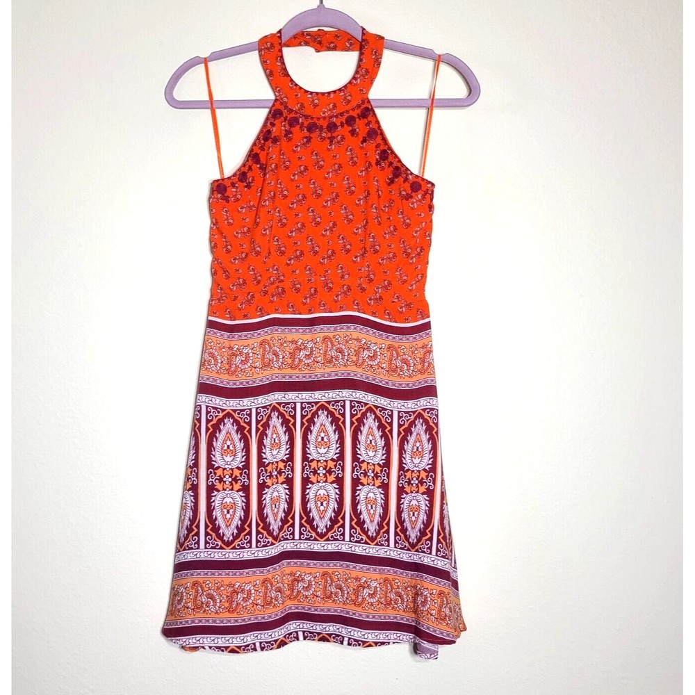 Alya Cody Halter Dress Size XS Orange Boho Lotus Embroidered Lined Hippie EUC